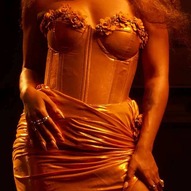 The gold corset and draped gown of the Magic Hour shoot.